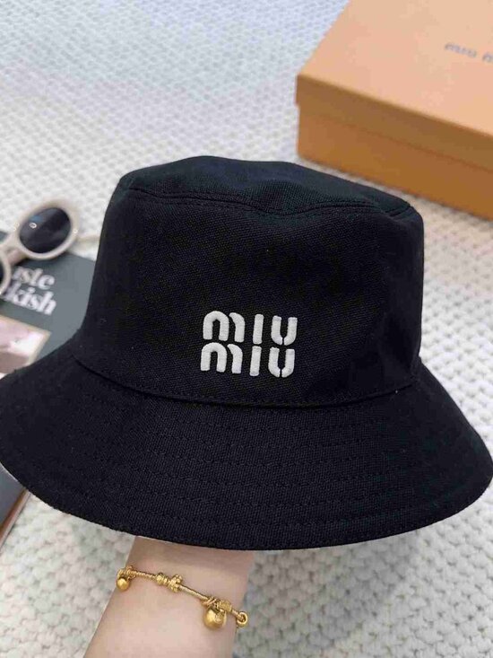 Miu Miu Black Cotton Bucket Hat with White Logo